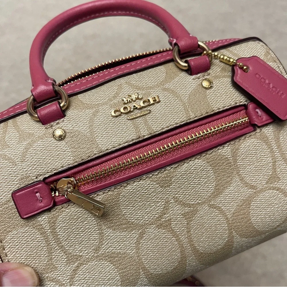 Coach Mini Rowan Signature Tan Canvas Pink Rogue Leather Trim Crossbody Bag
